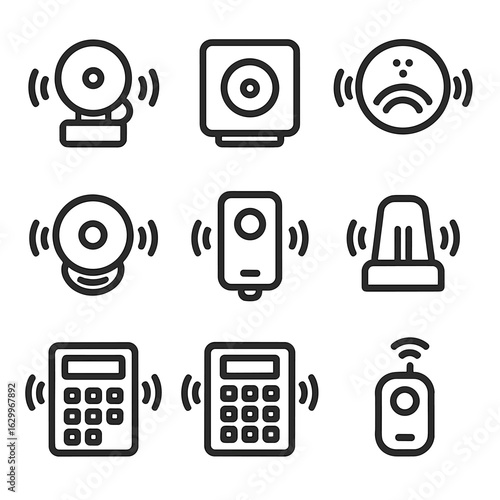 Alarm System Icon Set. Outline icon set of alarm system buzzers: fire alarm buzzer, intruder alarm buzzer, carbon monoxide alarm