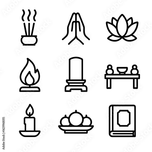 Ancestral Symbols Icons. Outline icon set of ancestral worship symbols: incense smoke, prayer hands, lotus flower, flame,