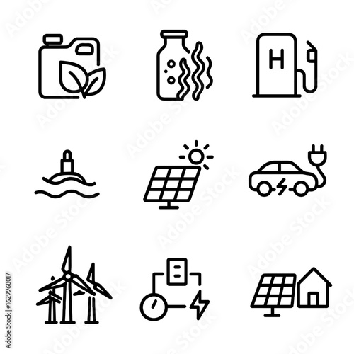 Alternative Energy Icons. Outline icon set of alternative energy: biofuel, algae energy, hydrogen fuel cell, wave energy, solar