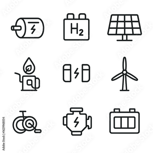 Alternative Propulsion Icons. Outline icon set of alternative propulsion: electric motor, hydrogen fuel cell, solar panel, biofuel