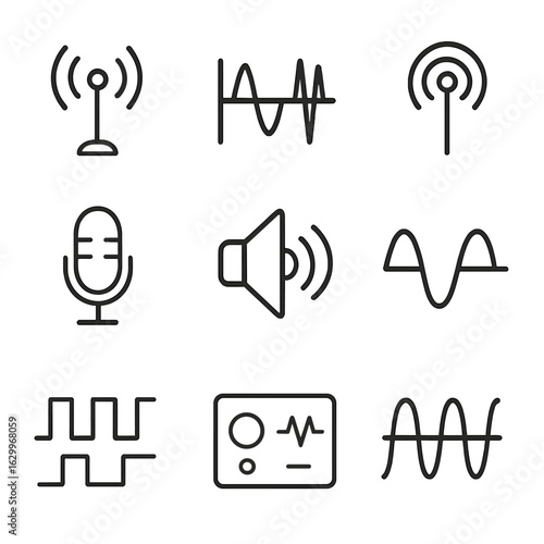Amplitude Icon Set. Outline icon set of amplitude in communication: signal transmission, amplitude shift keying, radio signal,