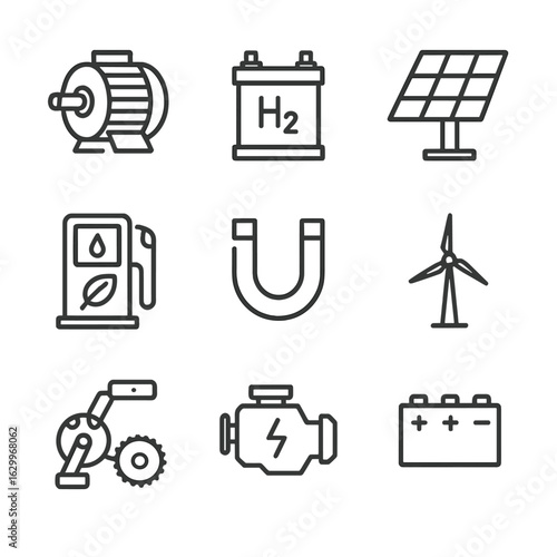 Alternative Propulsion Icons. Outline icon set of alternative propulsion: electric motor, hydrogen fuel cell, solar panel, biofuel