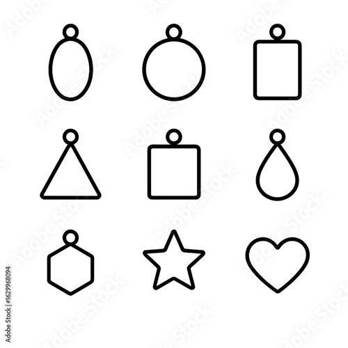 Outline Amulet Icons. Outline icon set of amulet shapes: oval pendant, circular charm, rectangular talisman, triangular amulet,