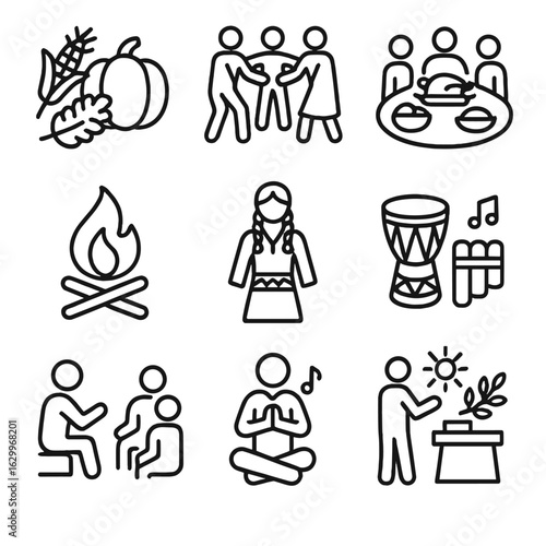 Ancestral Celebration Icons. Outline icon set of ancestral celebrations: harvest festival, dance circle, feast, bonfire,