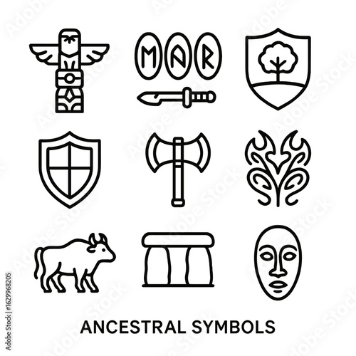 Ancestral Icon Set. Outline icon set of ancestral symbols: totem pole, ancient runes, family crest, shield, ancestral weapon,