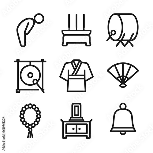 Ancestral Ceremony Icons. Outline icon set of ancestral hall ceremonies: bowing figure, incense offering, drum, gong, ceremonial
