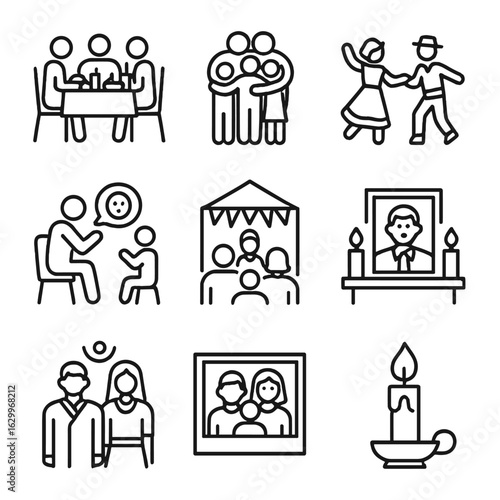 Ancestry Celebration Icons. Outline icon set of ancestry celebrations and rituals: family dinner, reunion, traditional dance,