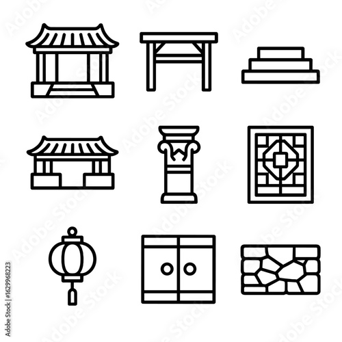 Ancestral Hall Icons. Outline icon set of ancestral hall architecture: tiled roof, wooden beams, stone steps, courtyard, carved