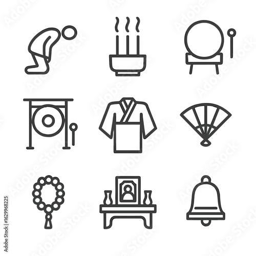 Ancestral Ceremony Icons. Outline icon set of ancestral hall ceremonies: bowing figure, incense offering, drum, gong, ceremonial