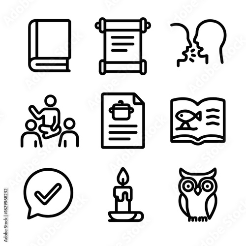 Ancestral Knowledge Icons. Outline icon set of ancestral knowledge: old book, scroll, oral tradition, storytelling, family recipe,
