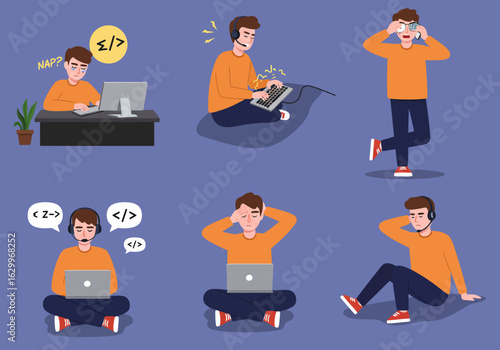 A collection of illustrations depicting a young male programmer in various poses, working, feeling stressed, and relaxing with his laptop and headphones.