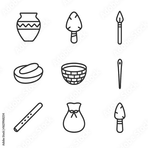 Ancestral Tools Icons. Outline icon set of ancestral tools: old pottery, hand axe, spear, grinding stone, woven basket, bone