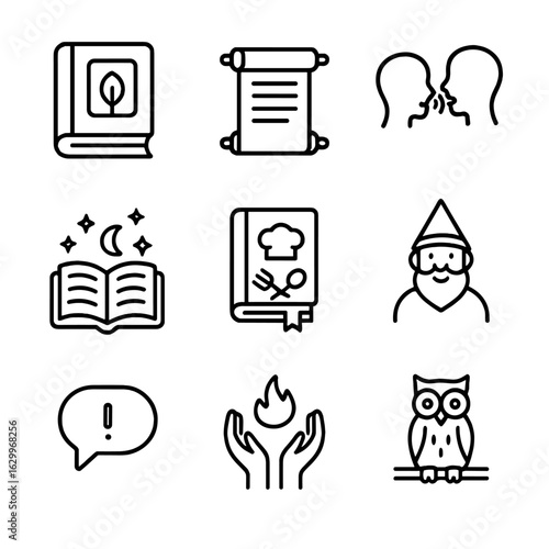 Ancestral Knowledge Icons. Outline icon set of ancestral knowledge: old book, scroll, oral tradition, storytelling, family recipe,