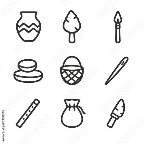 Ancestral Tools Icons. Outline icon set of ancestral tools: old pottery, hand axe, spear, grinding stone, woven basket, bone
