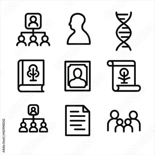 Ancestry Icon Set. Outline icon set of ancestry concepts: family tree, ancestor silhouette, DNA strand, genealogy book, old