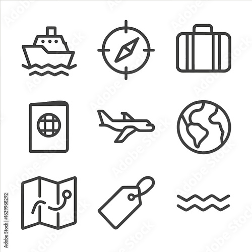 Ancestry Journey Icons. Outline icon set of ancestry and migration: ship, compass, suitcase, passport, airplane, globe, route map,