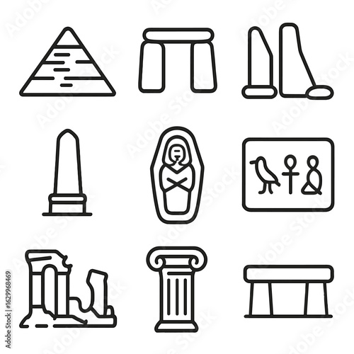 Ancient Monuments Icons. Outline icon set of ancient monuments: pyramid, stone circle, megalith, obelisk, sarcophagus, hieroglyphs