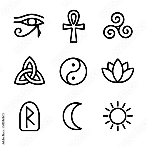 Ancient Symbols Icons Set. Outline icon set of ancient symbols: eye of horus, ankh, triskelion, celtic knot, yin yang, lotus, rune