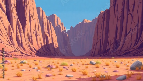 8-bit style desert valley flanked by tall cliffs, with patches of dry grass and stones, purely environmental pixel art