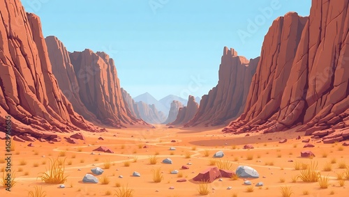 8-bit style desert valley flanked by tall cliffs, with patches of dry grass and stones, purely environmental pixel art