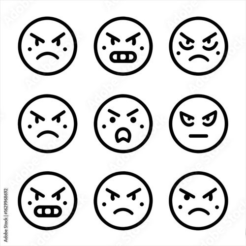 Angry Face Icons. Outline icon set of anger expression in faces: furrowed eyebrows, tight lips, red cheeks, clenched teeth,