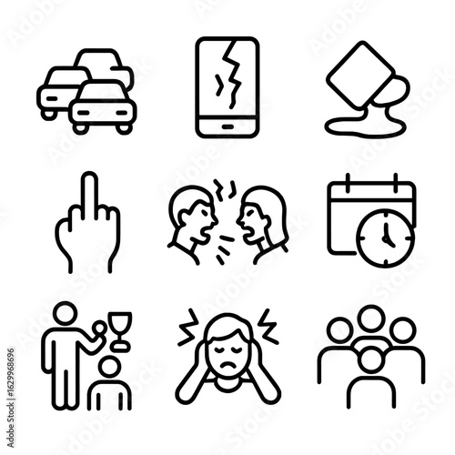 Anger Trigger Icons. Outline icon set of anger triggers: traffic jam, broken phone, spilled coffee, rude gesture, argument,