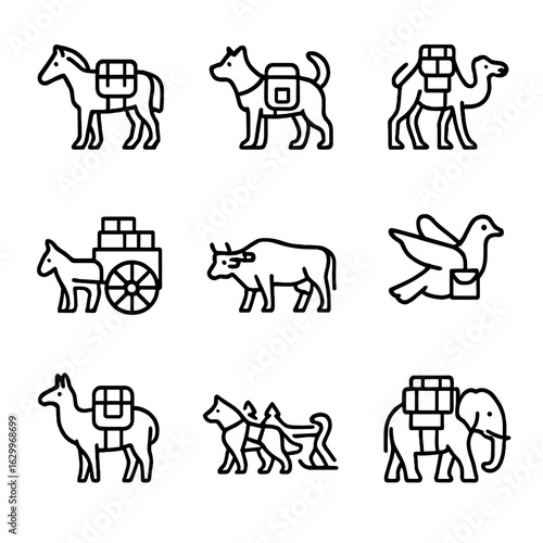 Animal Cargo Icons. Outline icon set of carry by animals: horse with pack, dog with backpack, camel with cargo, donkey cart, oxen