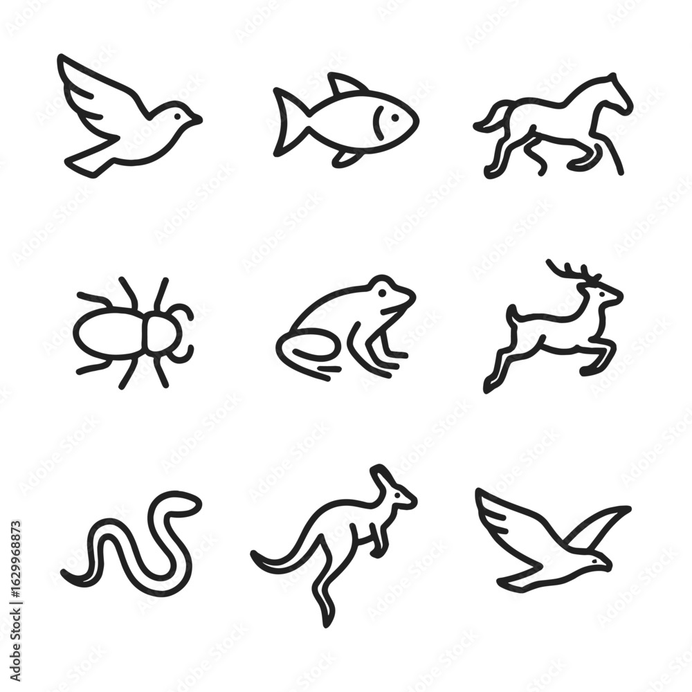 Fototapeta premium Animal Motion Icons. Outline icon set of animal movement: flying bird, swimming fish, running horse, crawling insect, hopping frog