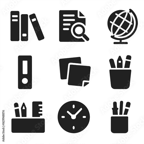 Academic Icons Set. Solid, filled icons set of academic study shelf: textbooks, research papers, magnifying