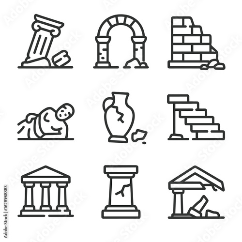 Ancient Ruins Icon Set. Outline icon set of ancient ruins: crumbled column, broken arch, ruined wall, fallen statue, shattered