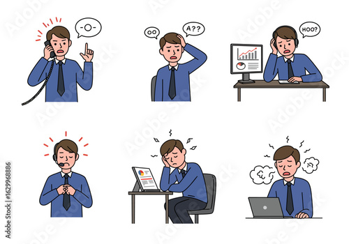A set of illustrations depicting a male office worker experiencing various negative emotions like stress, anxiety, and anger.
