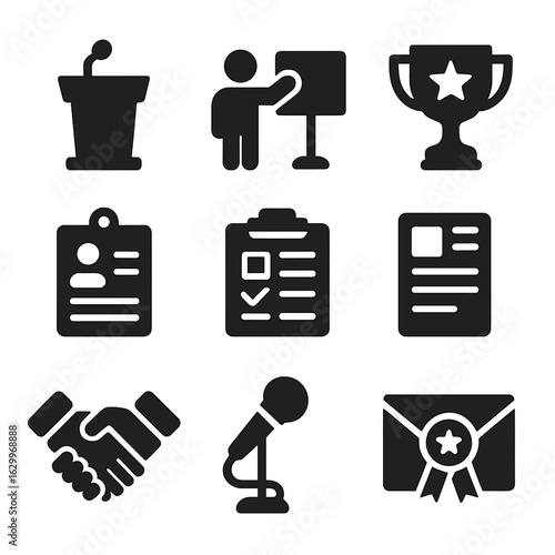 Academic Icons Set. Solid, filled icons set of academic conference and grant awards: stage podium, presenter