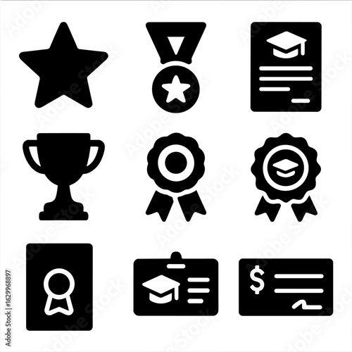 Academic Awards Icons. Solid, filled icons set of academic awards and honors: gold star, honor medal,