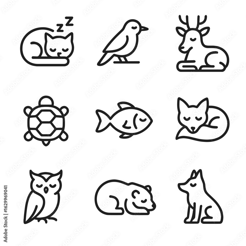 Fototapeta premium Animal Silence Icons. Outline icon set of silence in animals: sleeping cat, quiet bird, resting deer, closed turtle shell, calm