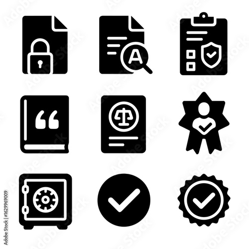 Academic Integrity Icons. Solid, filled icons set of academic integrity and grant ethics: locked file,