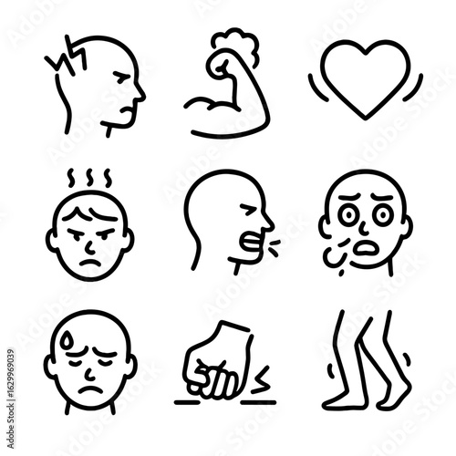 Anger Effects Icons. Outline icon set of anger physical effects: headache, muscle tension, pounding heart, flushed face, clenched