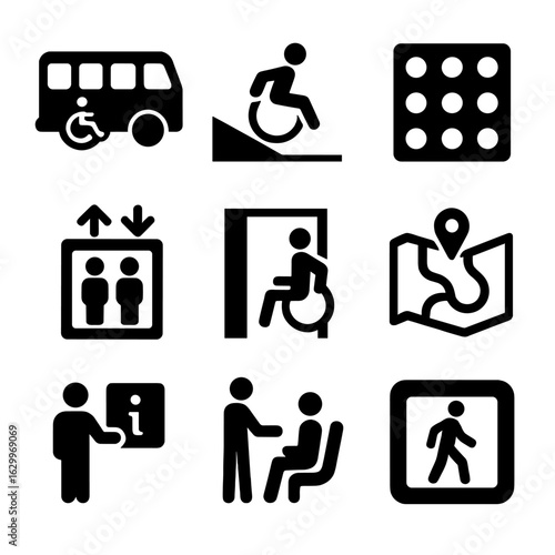 Accessibility Icon Set. Solid, filled icons set of public accessibility: accessible bus, sidewalk curb cut,