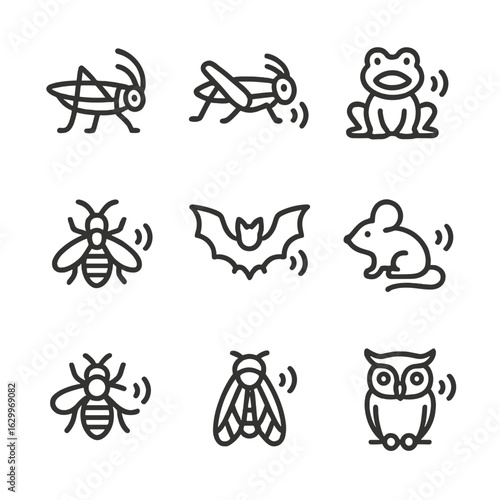 Animal Sound Icons. Outline icon set of chirp in animals: cricket chirp, grasshopper, frog croak, insect sound, bat squeak, mouse