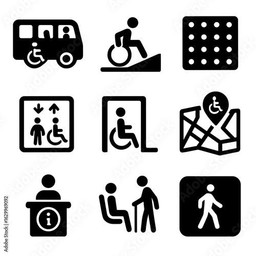 Accessibility Icon Set. Solid, filled icons set of public accessibility: accessible bus, sidewalk curb cut,