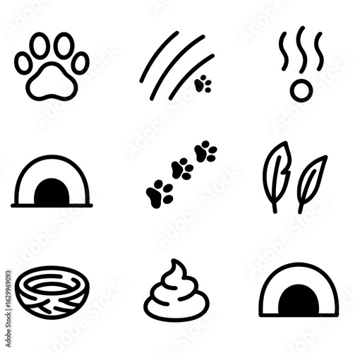 Animal Tracking Icons. Outline icon set of animal tracking instincts: paw print, claw mark, trail, scent mark, nest, burrow,