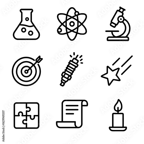 Accidental Genius Icons. Outline icon set of accidental genius: laboratory flask, atom, microscope, target,