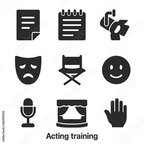 Acting Training Icons. Solid, filled icons set of acting training: script, rehearsal notes, spotlight, theater