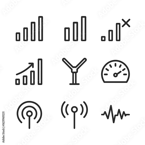 Antenna Signal Icons. Outline icon set of antenna signal strength indicators: full bars, half bars, low signal, no signal, signal