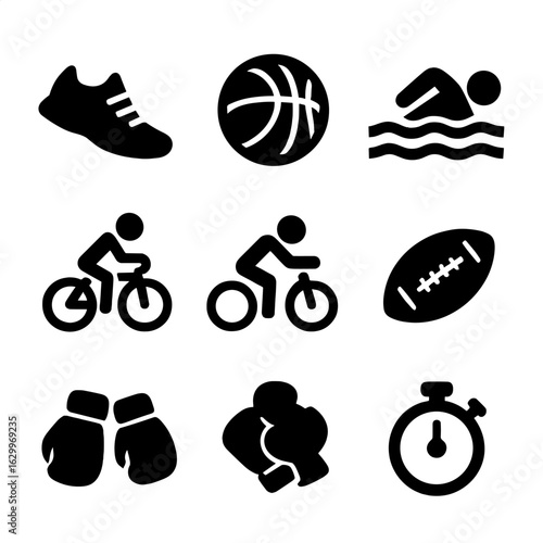 Action Sports Icons. Solid, filled icons set of action-packed sports scenes: running shoes, football,