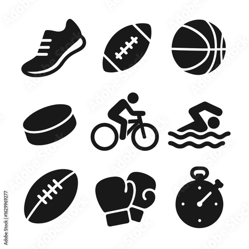 Action Sports Icons. Solid, filled icons set of action-packed sports scenes: running shoes, football,