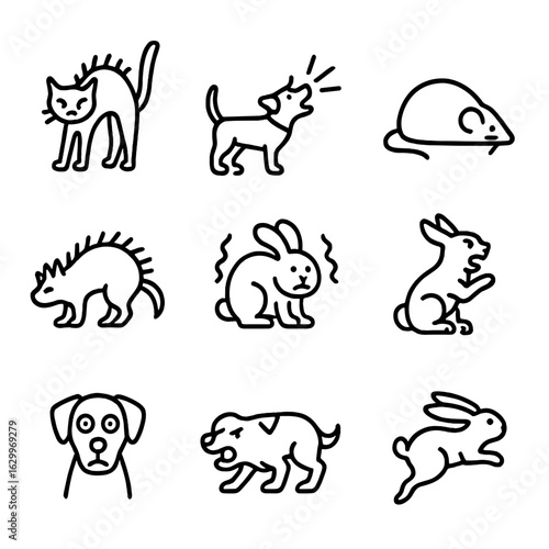 Animal Fear Icons. Outline icon set of fear in animals: scared cat, barking dog, hiding mouse, raised fur, trembling rabbit,