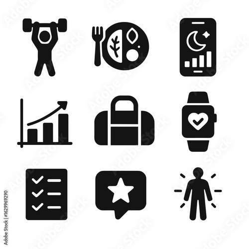 Active Lifestyle Icons Grid. Solid, filled icons set of active lifestyle routines: morning workout icon,