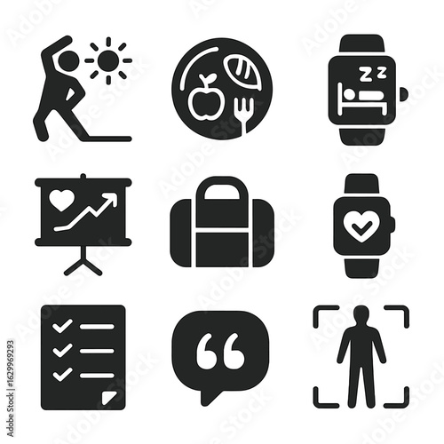Active Lifestyle Icons Grid. Solid, filled icons set of active lifestyle routines: morning workout icon,
