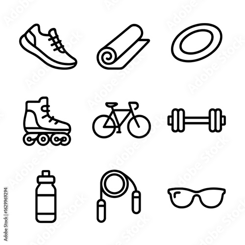 Active Lifestyle Icons. Outline icon set of active couples outdoors: running shoes, yoga mat, frisbee, roller