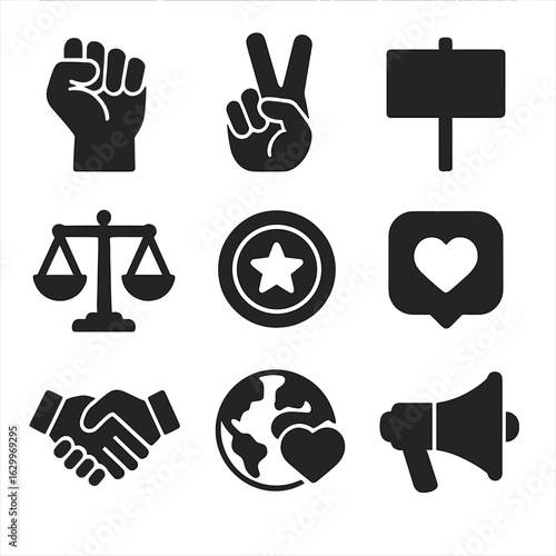 Activism Icons Grid. Solid, filled icons set of activism and change makers: raised fist, peace sign, protest